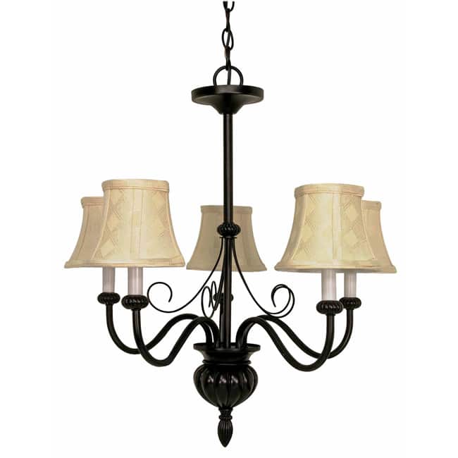 Vanguard - 5 Light Chandelier - Textured Black Finish with Diamond Patterned Shantung Shades