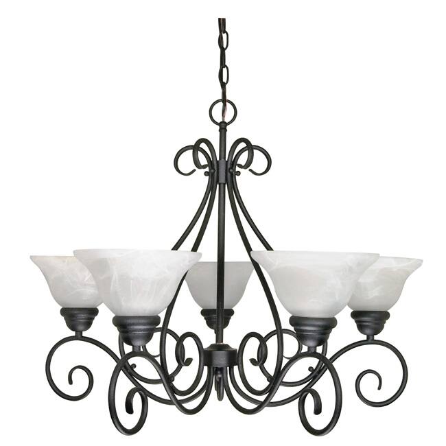 Castillo Five-Light Indoor Chandelier with Textured Black Finish and Alabaster Swirl Glass