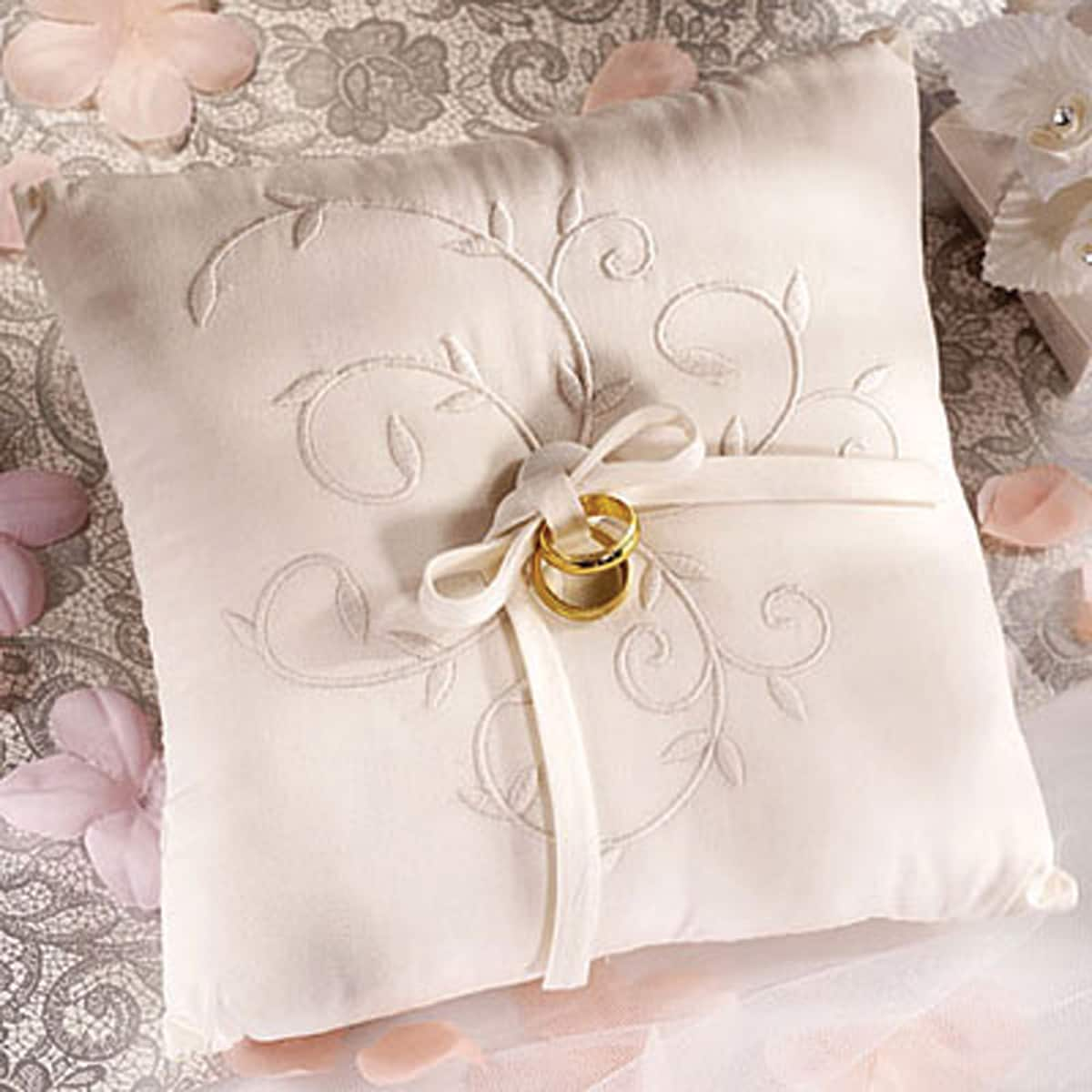 Bamboo Fabric Ring Pillow 7inx7in white Embroidered