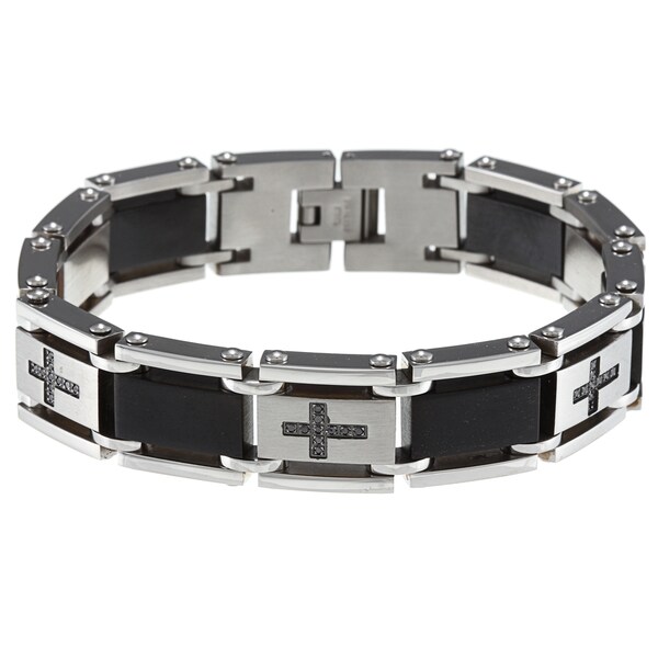Shop Stainless Steel 1/4ct TDW Black Diamond Cross Link Bracelet - Free ...