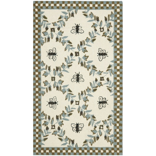 Hand hooked Bees Ivory/ Blue Wool Rug (26 X 4)