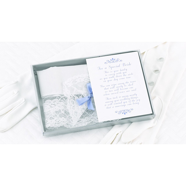 Hbh Bride White Lace Wedding Handkerchief With Blue Bow