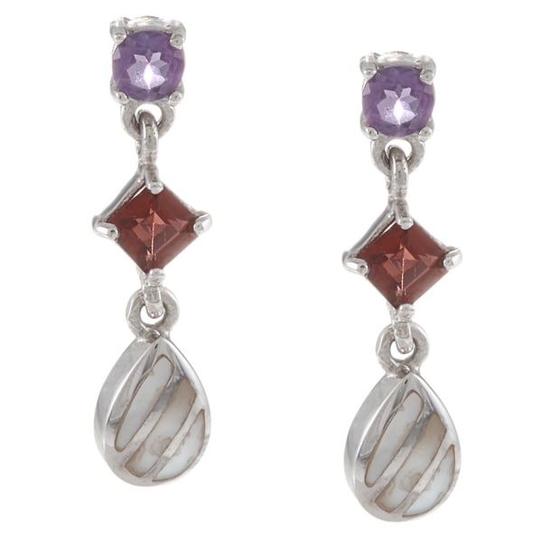 La Preciosa Sterling Silver Amethyst, Garnet and Striped MOP Earrings La Preciosa Gemstone Earrings