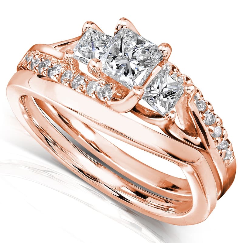 Annello by Kobelli 14k Solid Gold 1ct TDW Asymmetric 3-Stone Princess Diamond Bridal Rings Set - 4 - Rose
