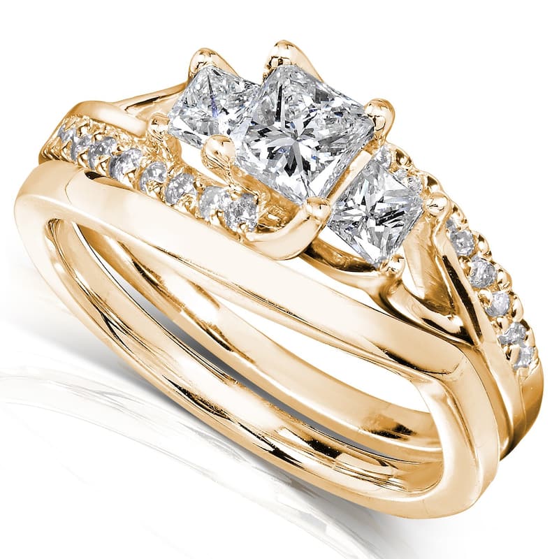 Annello by Kobelli 14k Solid Gold 1ct TDW Asymmetric 3-Stone Princess Diamond Bridal Rings Set - 4 - Yellow