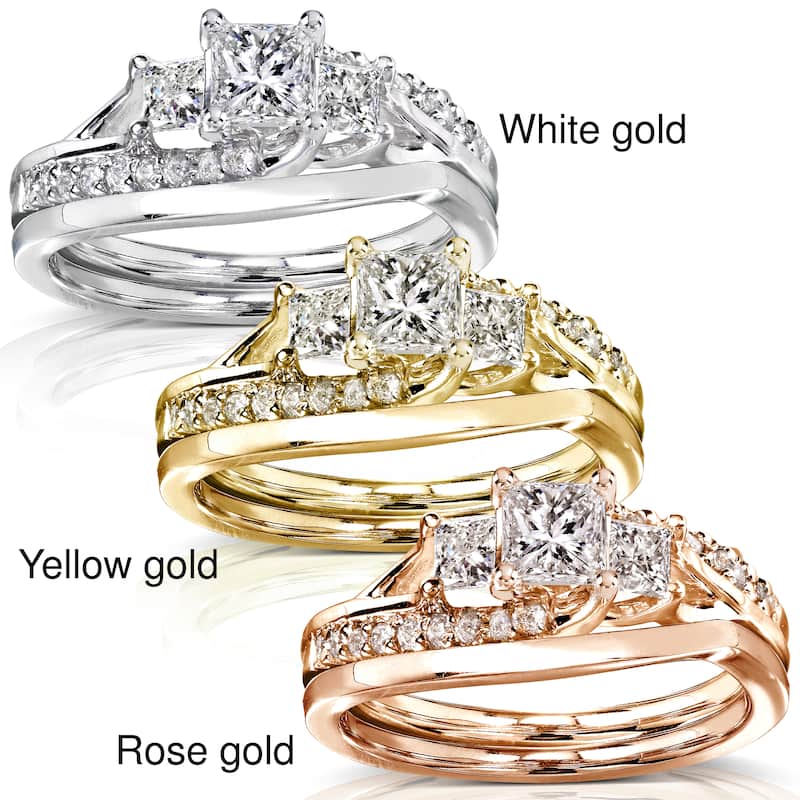 Annello by Kobelli 14k Solid Gold 1ct TDW Asymmetric 3-Stone Princess Diamond Bridal Rings Set