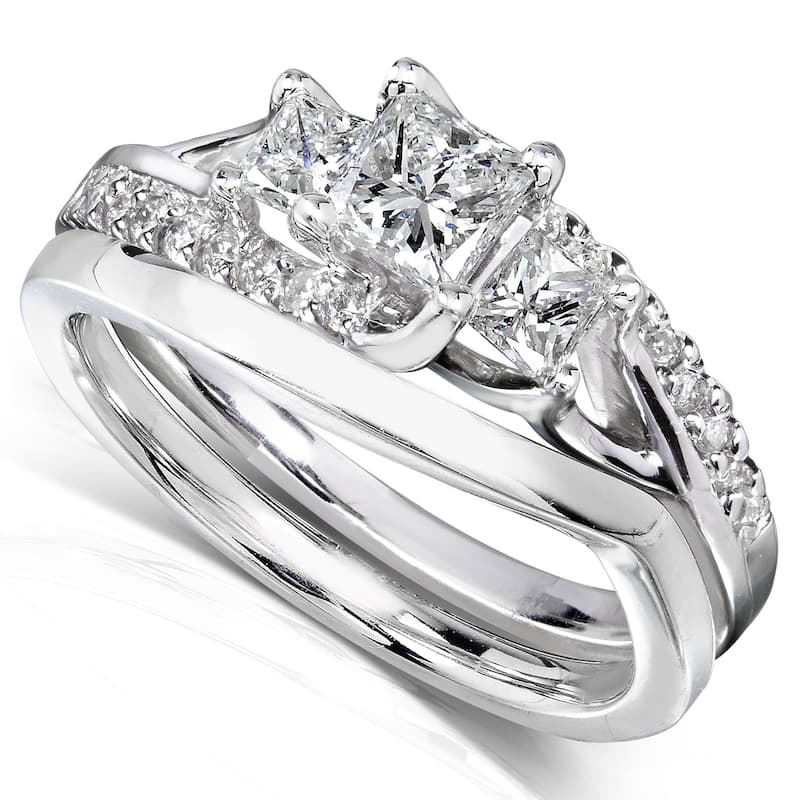 Annello by Kobelli 14k Solid Gold 1ct TDW Asymmetric 3-Stone Princess Diamond Bridal Rings Set - 4 - White