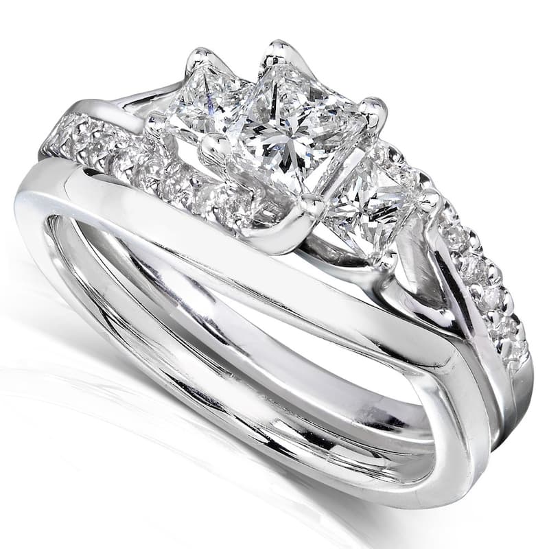 Kobelli 1.1 Carat Natural Diamond Solid 14k Gold 3-Stone Princess Asymmetric Solana 2pc Bridal Set - 10 - White