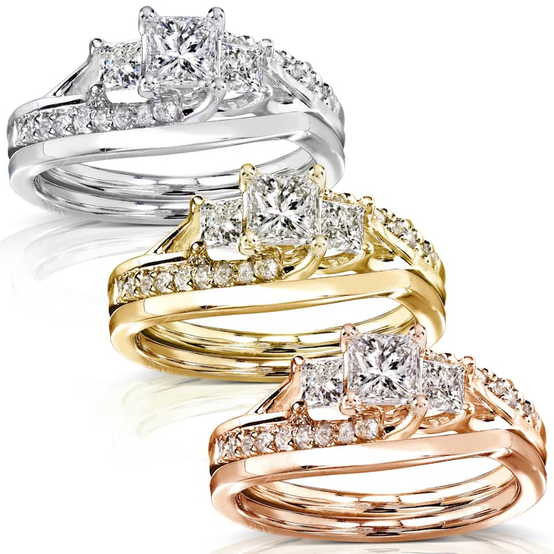 Annello by Kobelli 14k Solid Gold 1ct TDW Asymmetric 3-Stone Princess Diamond Bridal Rings Set - 4.5 - Yellow