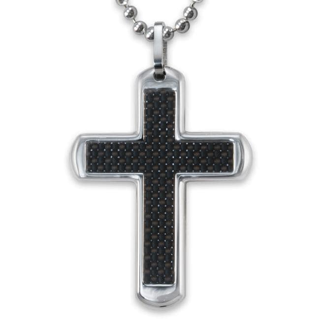 Stainless Steel Polished Black Carbon Fiber Cross Necklace