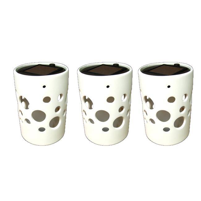 White Cylinder Ceramic Solar Lights Pot with Bubble Cutouts (Set of 3)