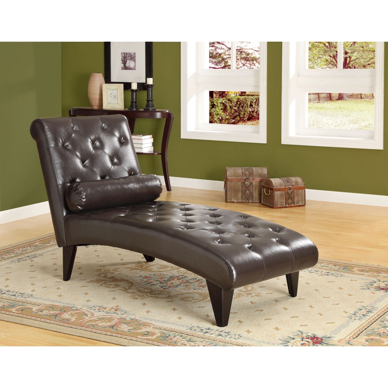 Shop Dark Brown Leather-Look Chaise Lounger with Decorative Roll Pillow