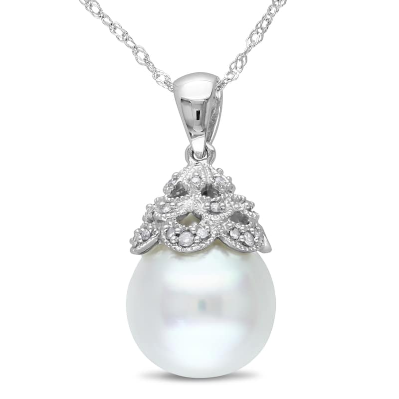 Miadora 14K White Gold South Sea Pearl and Diamond Accent Pendant (G-H, I1-I2)