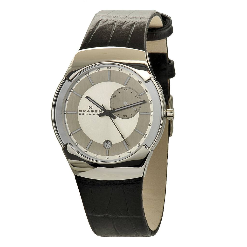 Skagen Men's Black Label Stainless Steel Black Leather Band Dual-Time Watch