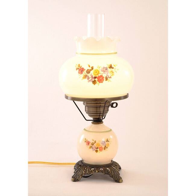 Floral Hurricane Antique Brass Finish Table Lamp with Glass Shade