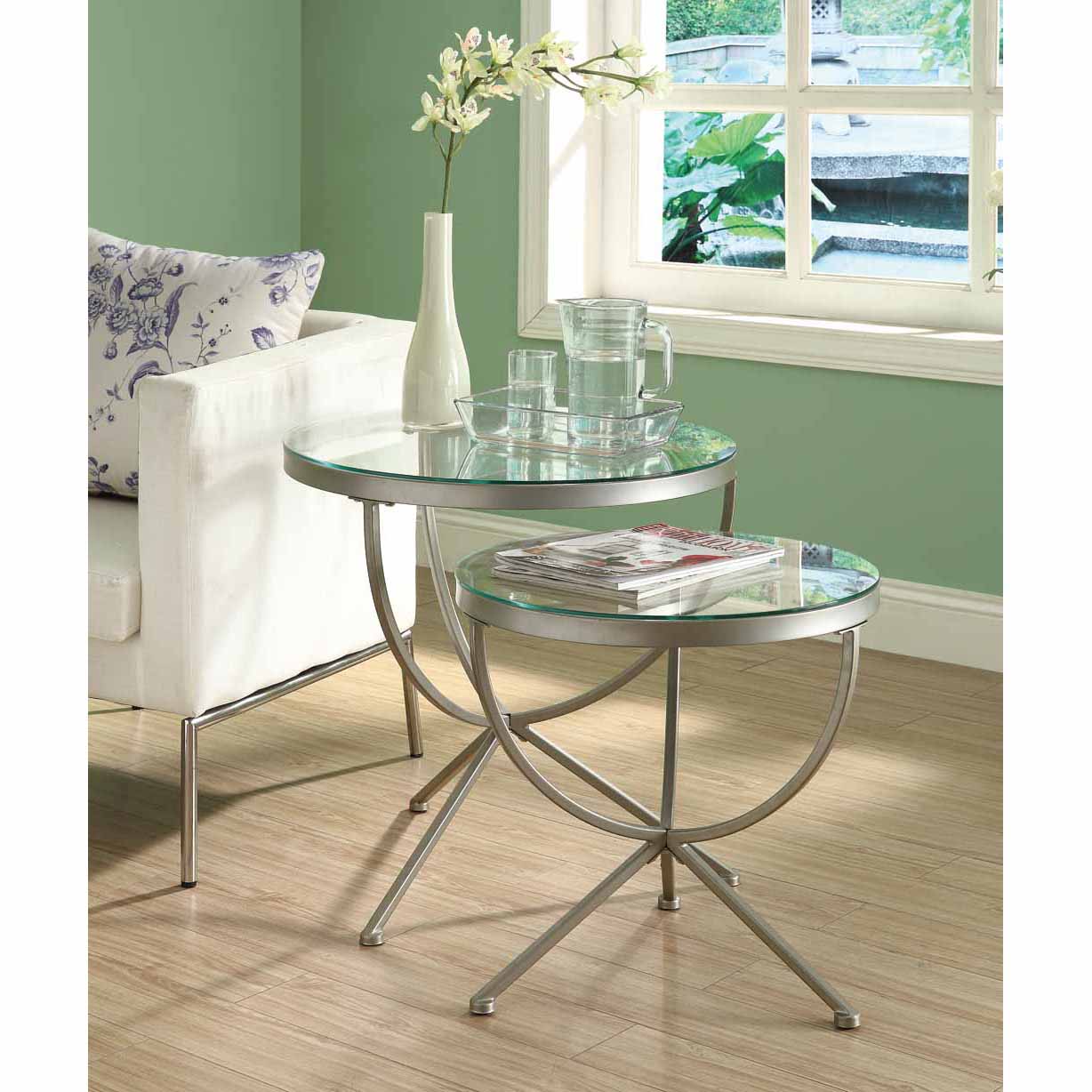 Satin Silver 2 Piece Nesting Table Set With Tempered Glass Free