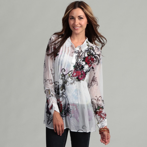 Spy Women's Long Sleeve Floral Sheer Blouse Spy Long Sleeve Shirts