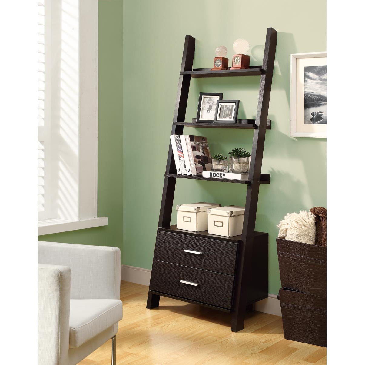 Cappuccino 69-inch Ladder Bookcase with Storage Drawers 