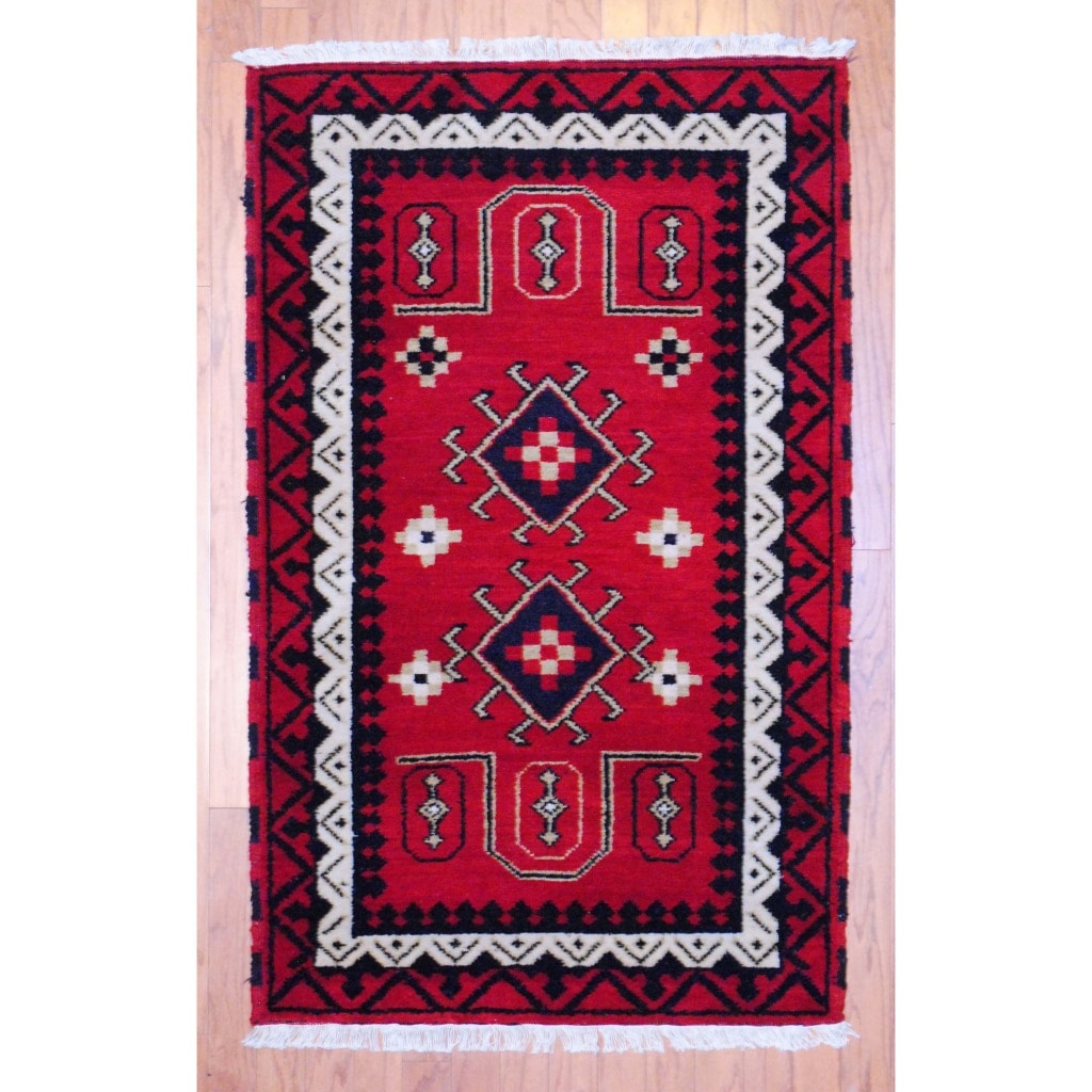Indo Hand-Knotted Kazak Red/Ivory Geometric Wool Rug (3' x 5')