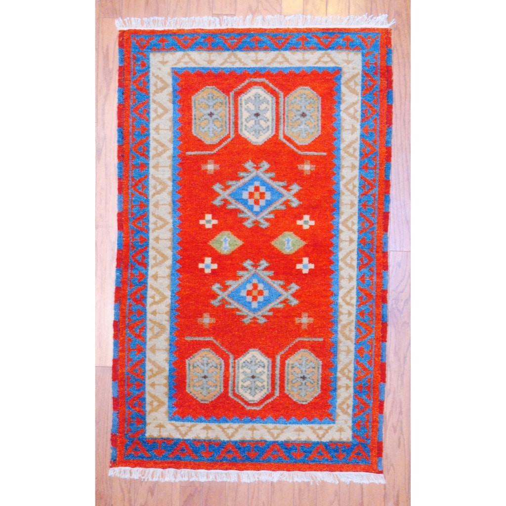 Indo Hand Knotted Kazak Red/Ivory Traditional Geometric Pattern Wool