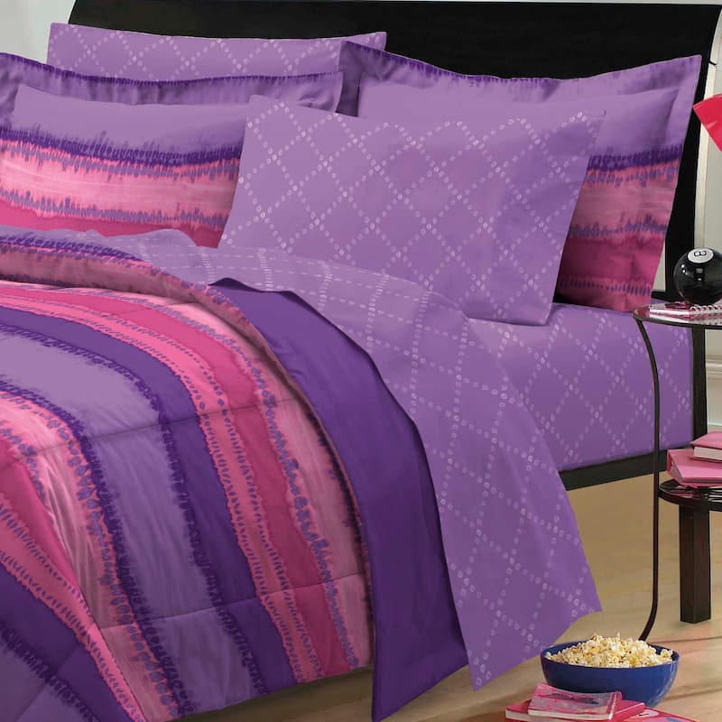 Tie Dye Purple/ Pink 7-piece Bed in a Bag with Sheet Set