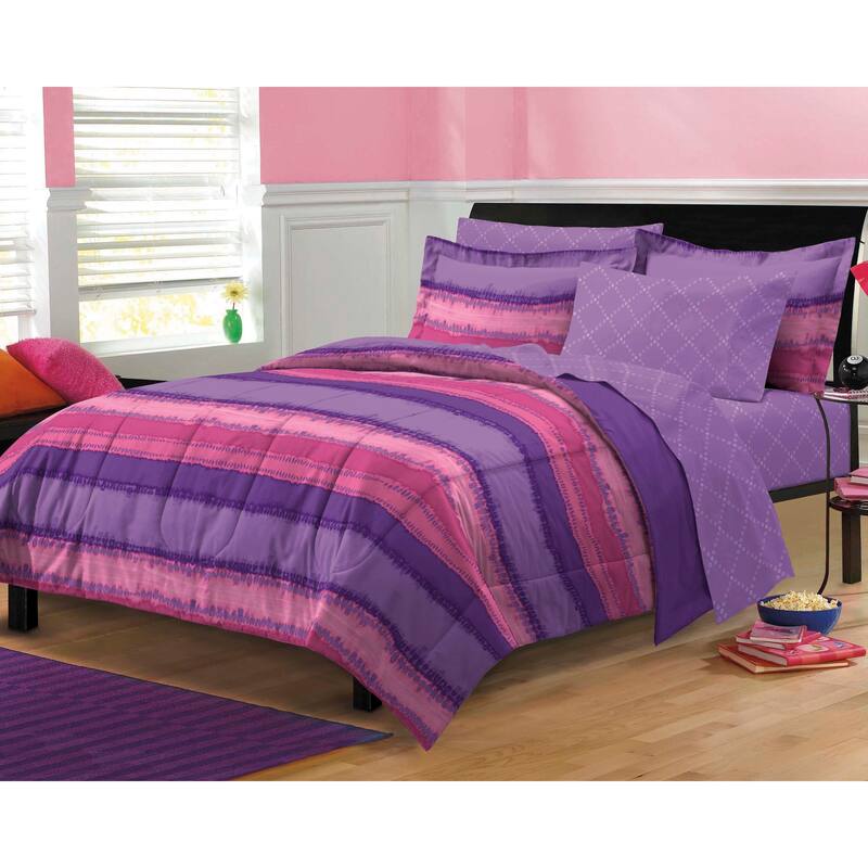 Tie Dye Purple/ Pink 7-piece Bed in a Bag with Sheet Set - Queen