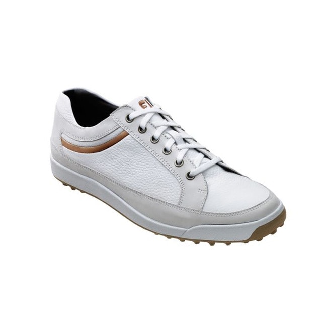 Footjoy Mens Contour Casual White/ Taupe Golf Shoes (White/taupe blazePattern Casual Materials Premium leather Size 8, 9, 9.5, 10, 10.5, 11Style GolfStability Duramax rubber outsole Flexibility Contour Last Lining Super soft PU Uppers Soft premium