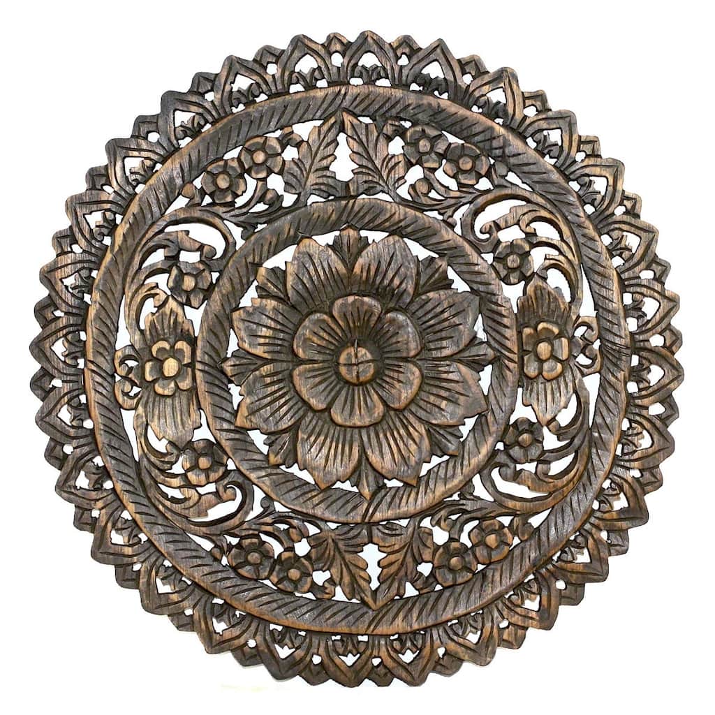 Haussmann® Teak Lotus Panel Inlay Round 60 cm H Black Stain Wax