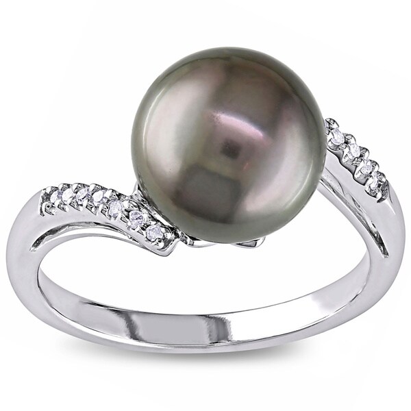 Miadora 10k White Gold Black Tahitian Pearl and Diamond Accent Ring (9 ...