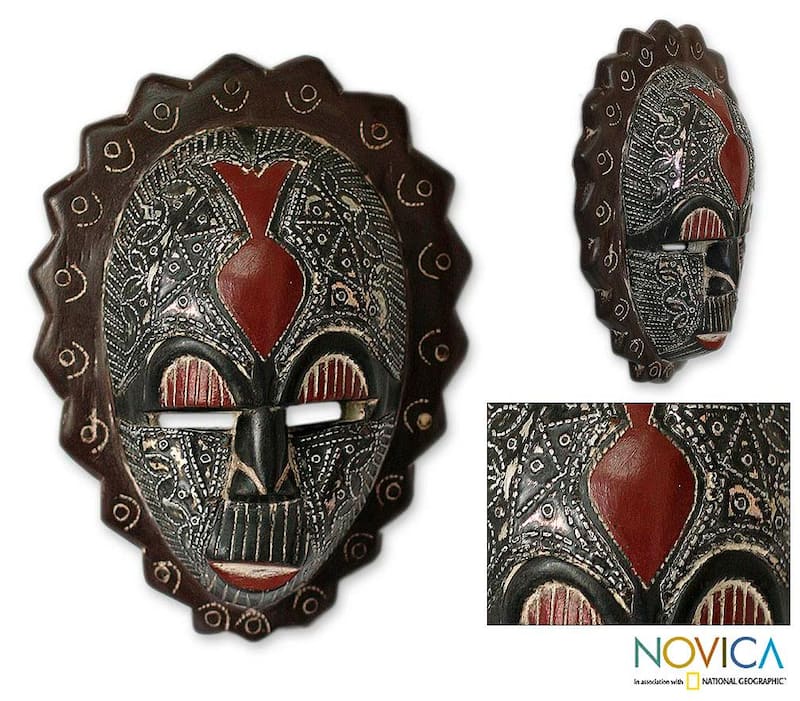 Happiness Ornate Carved Black Sese Wood with Multicolor Aluminum Details Original Signed African Artwork Wall Art Mask (Ghana)