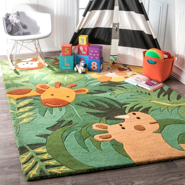 nuLOOM Green Handmade Kids Safari Animals Wool Area Rug