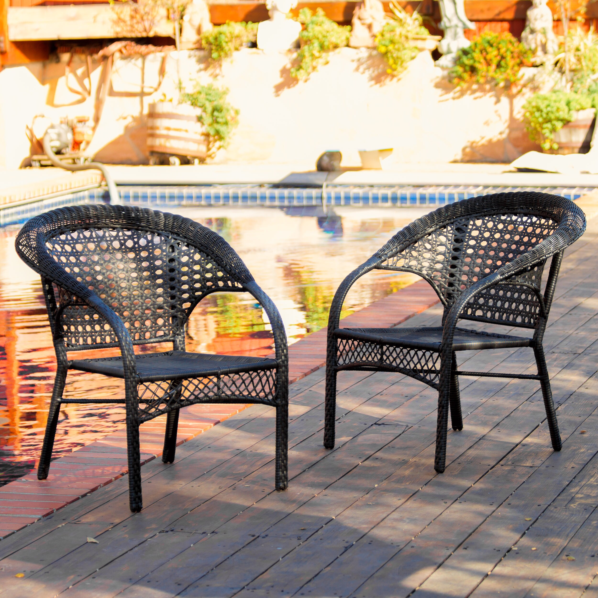Maria Black Wicker Fan Back Outdoor Club Chairs Set Of 2
