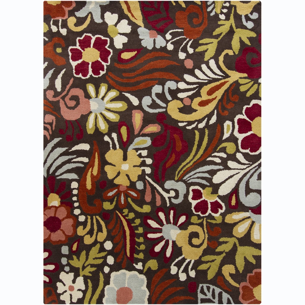 Hand-Tufted Mani Brown Floral Transitional Wool Rug (5' x 7') - 5' x 7'
