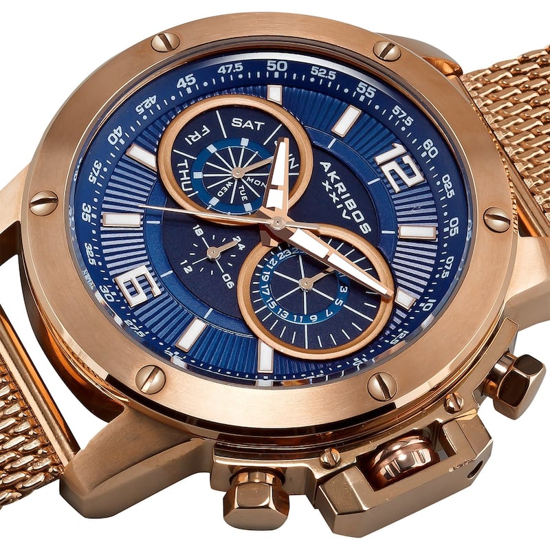 Akribos XXIV Men's Mesh Rose-Tone Bracelet Multifunction Watch