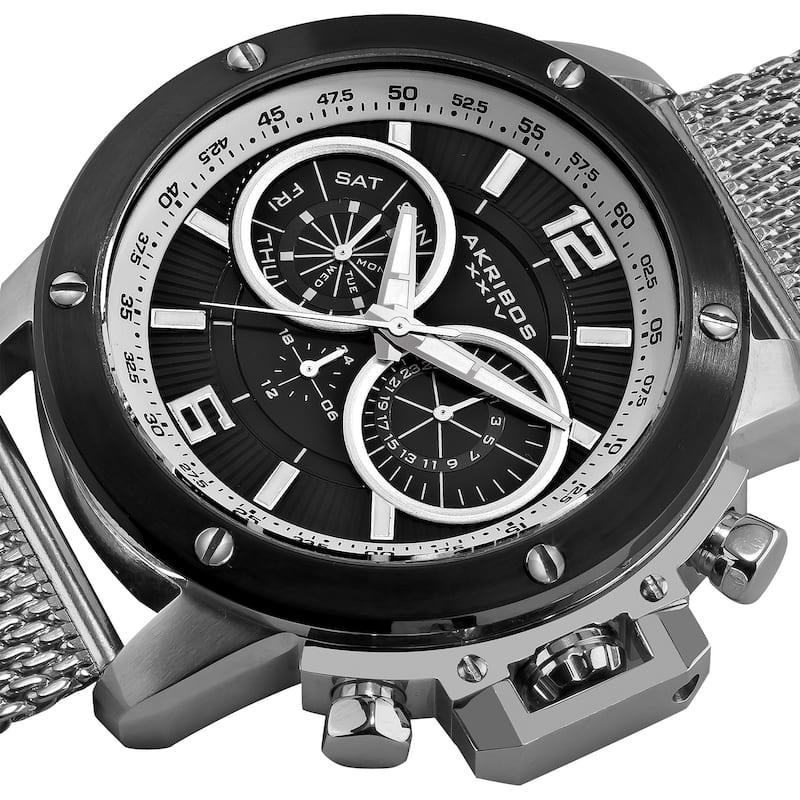 Akribos XXIV Men's Mesh-Silver-Tone Bracelet Multifunction Watch with Black Dial