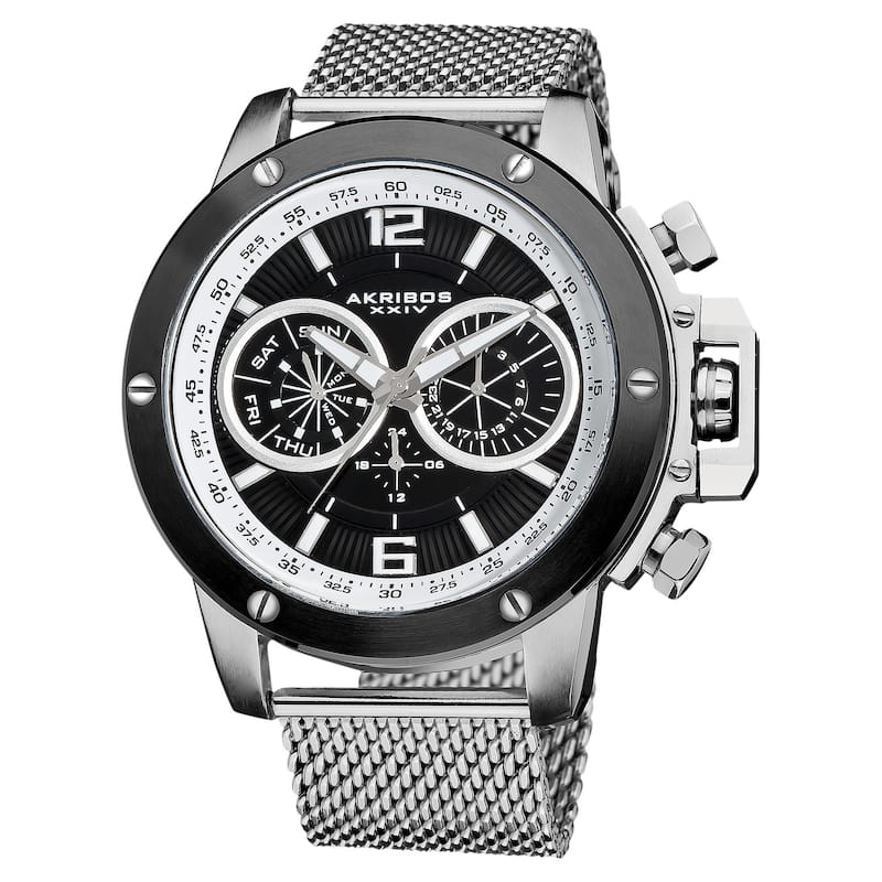 Akribos XXIV Men's Mesh-Silver-Tone Bracelet Multifunction Watch with Black Dial