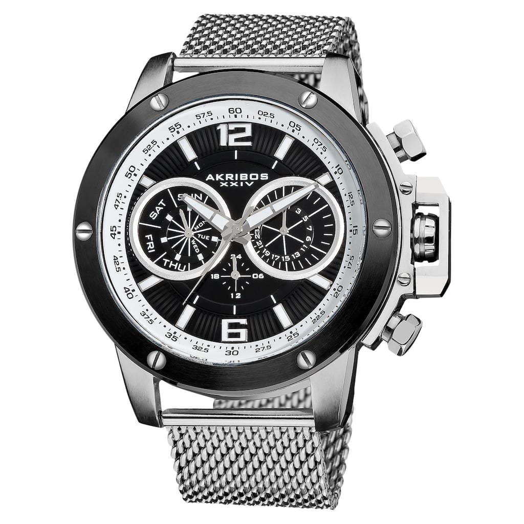 Akribos XXIV Men's Mesh-Silver-Tone Bracelet Multifunction Watch with Black Dial