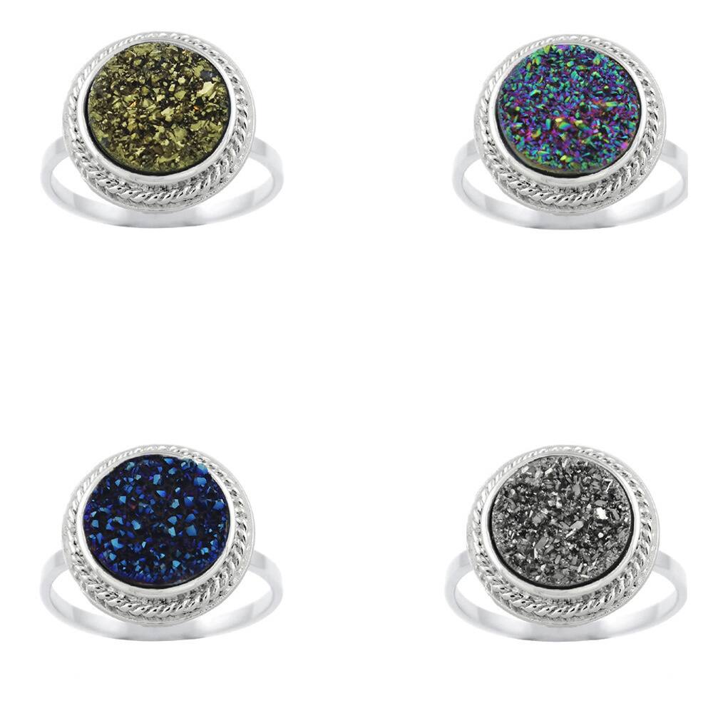 Multi Color Druzy 13X18 mm Gemstone Ring .925 Sterling Silver 7 Grams Size 6 Dainty Trendy