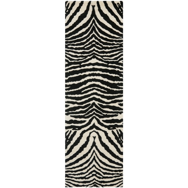 Handmade Zebra Ivory/black Contemporary New Zealand Wool Rug (26 X 12)