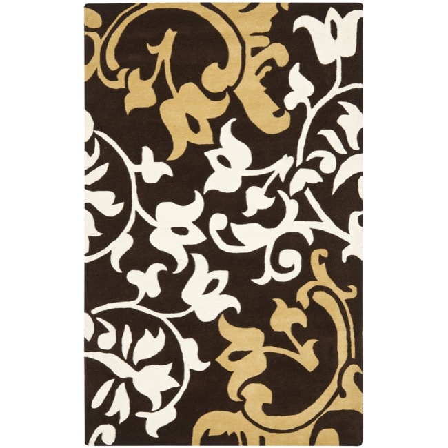 Handmade Silhouettes Brown Intricate Floral New Zealand Wool Rug (96 X 136)