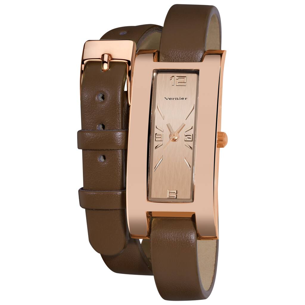 Vernier Women's Gold Tone Rose Double Wrap Leather Strap Watch