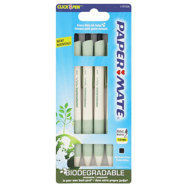 Paper Mate Earth Write Retractable Medium Point 4 Ballpoint Pens (GreenInk color Black Refillable YesPoint size Medium Pocket clip YesPoint type BallpointRetractable YesModel 1757526 5.5 inchesBarrel Color White/light greenGrip Color GreenInk col