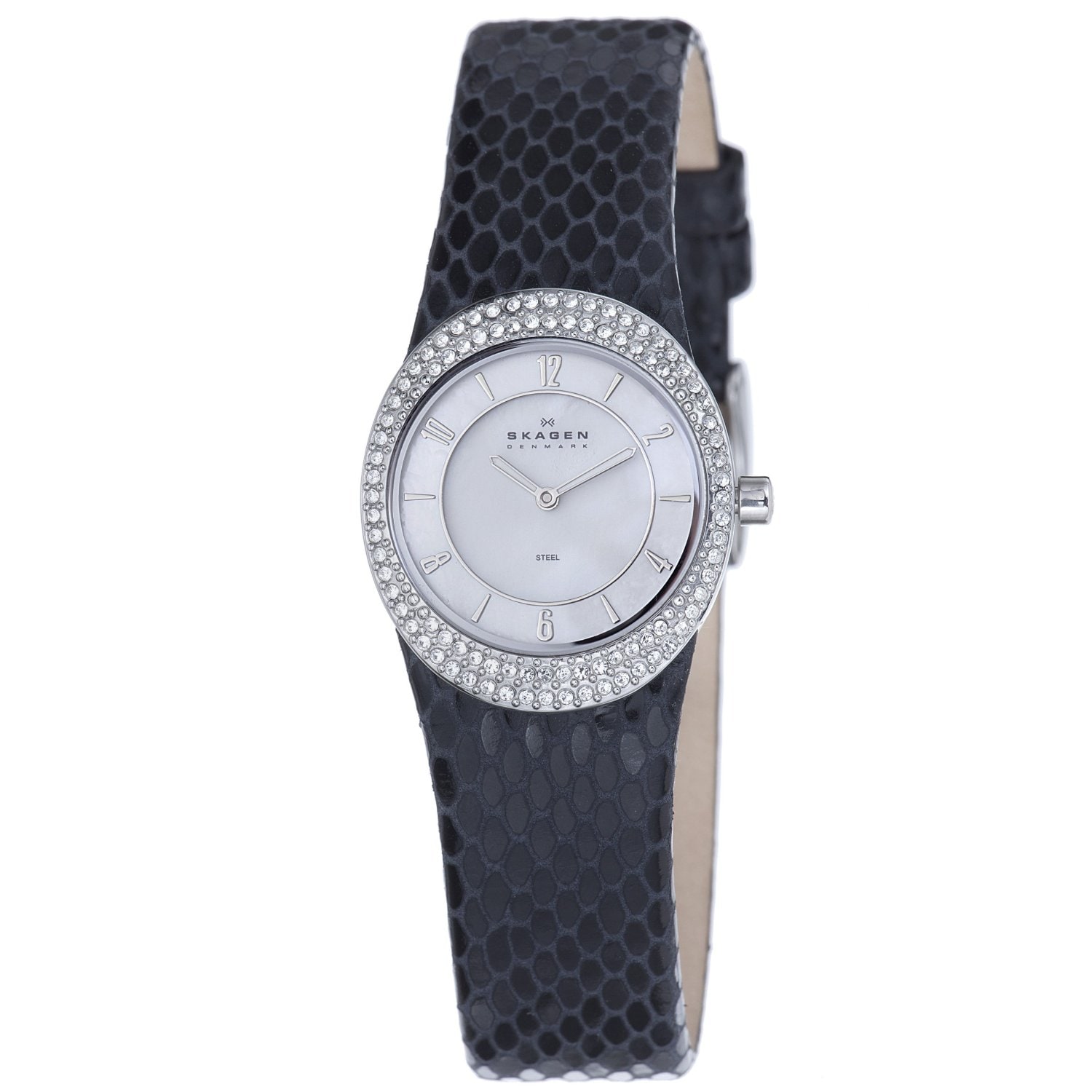 Skagen Women's Black Leather Strap Glitz Watch