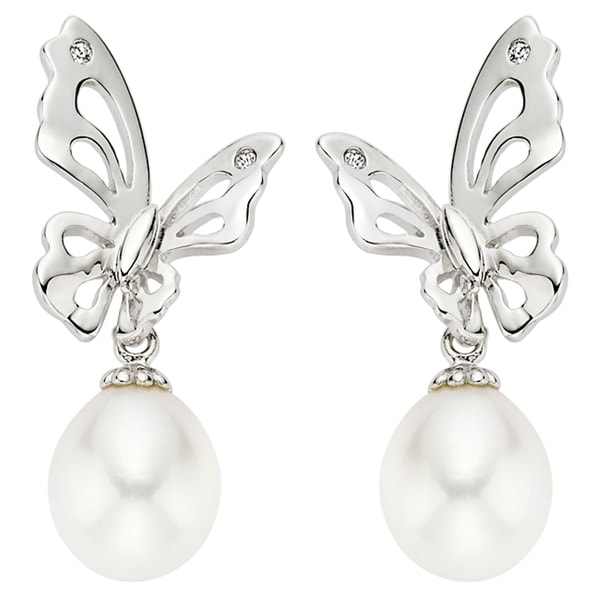 Pearlyta Sterling Silver Children's Freshwater Pearl Butterfly Drop Earrings (7-8 mm) - White