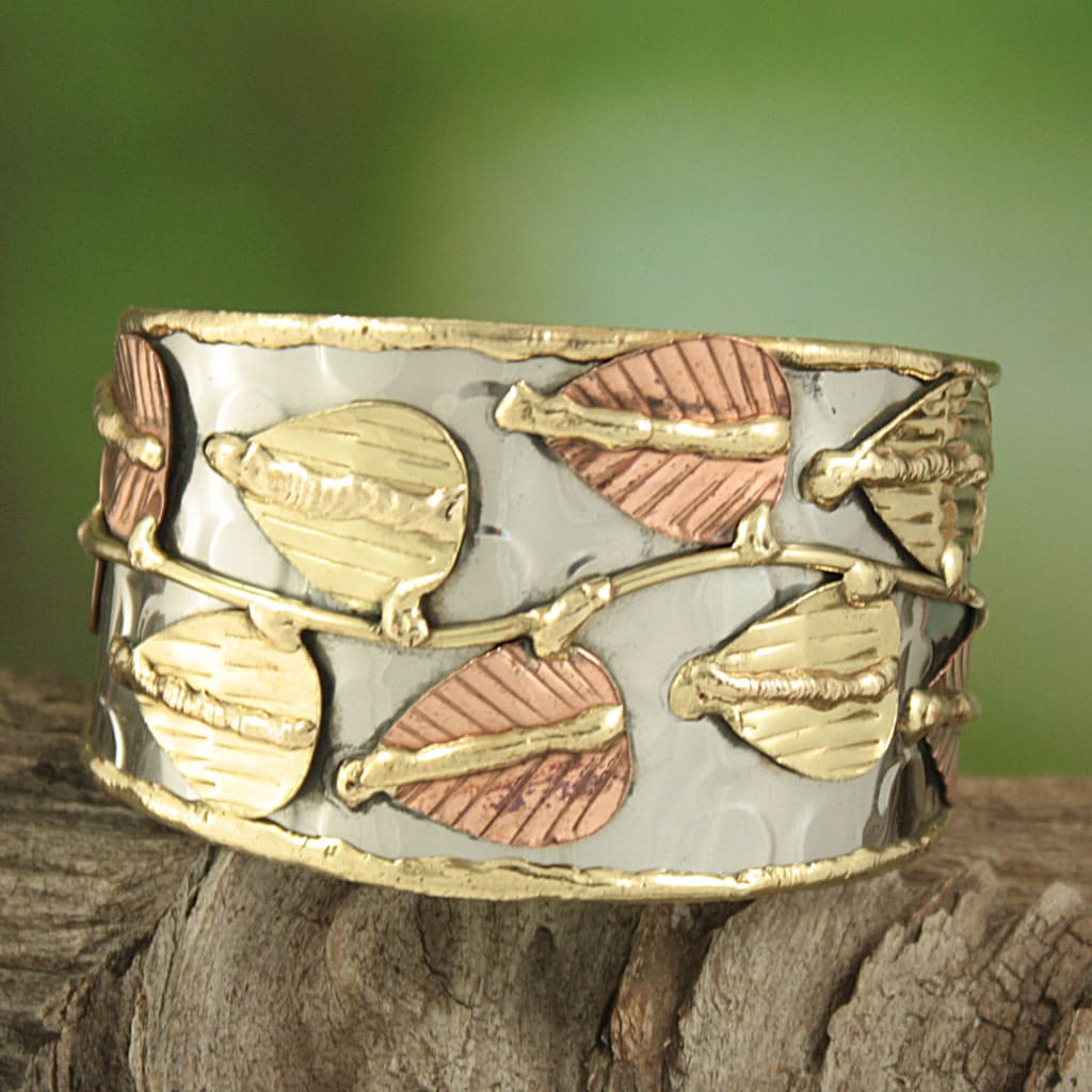 Shop Handmade Wide Brass/ Copper Leaf Vine Cuff Bracelet (India) On
