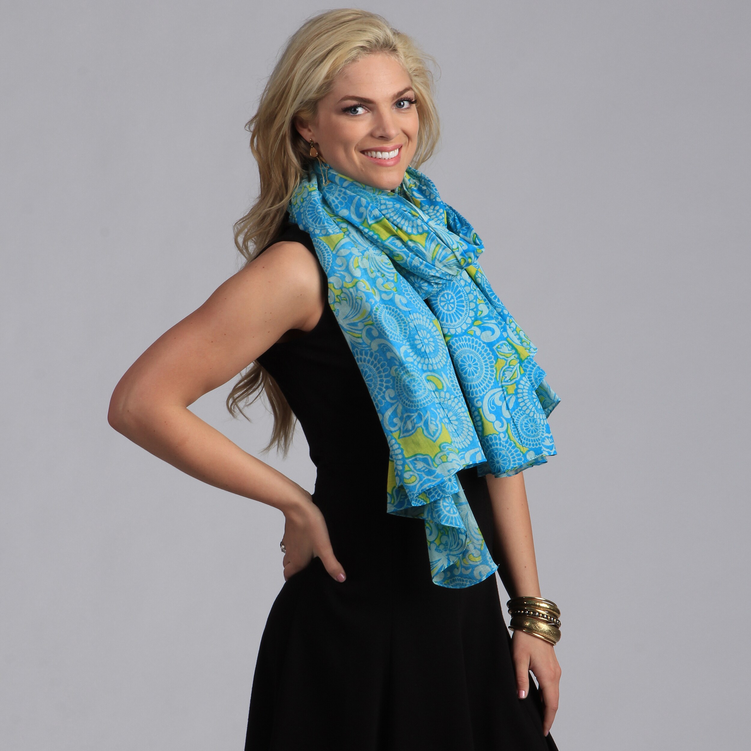 Turquoise And Yellow Paisley Print Scarf (22 inches wide x 72 inches longMaterial 100 percent cottonThis can be used as a scarf, wrap, or beach sarong 100 percent cottonThis can be used as a scarf, wrap, or beach sarong)