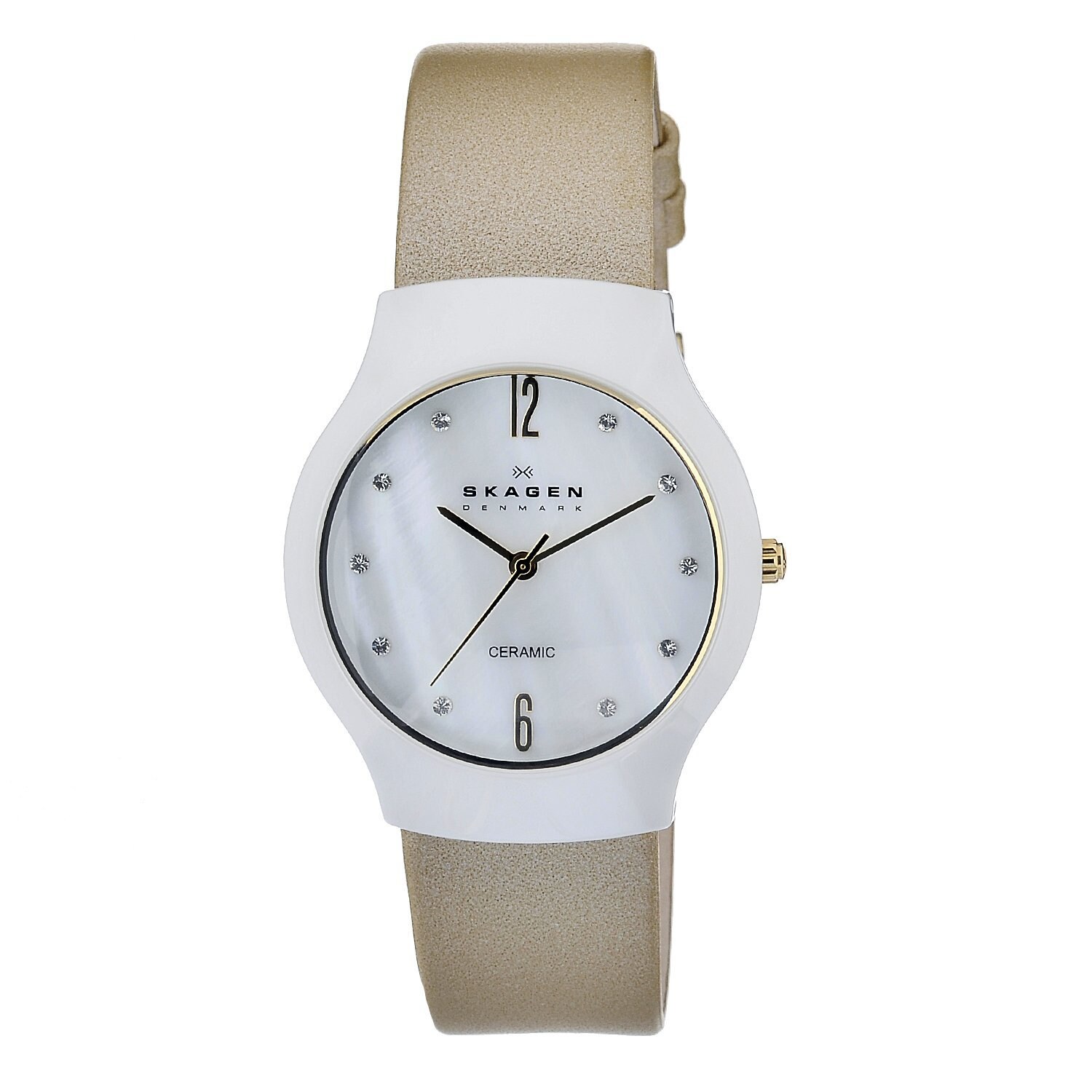 Skagen Women's Ceramic White Dial Beige Leather Strap Watch - 14381824 ...