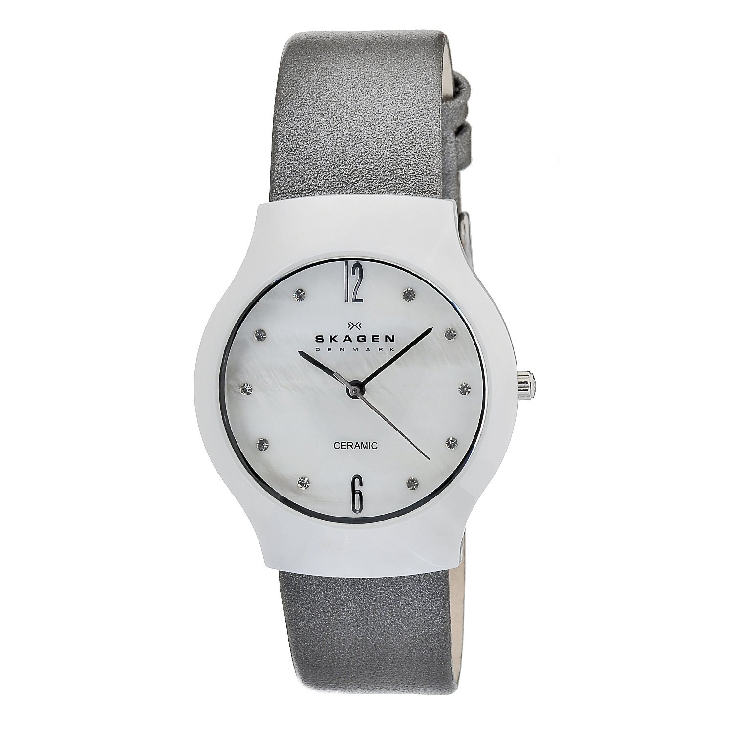 Skagen Women's Ceramic White Dial Silver Leather Strap Watch Free