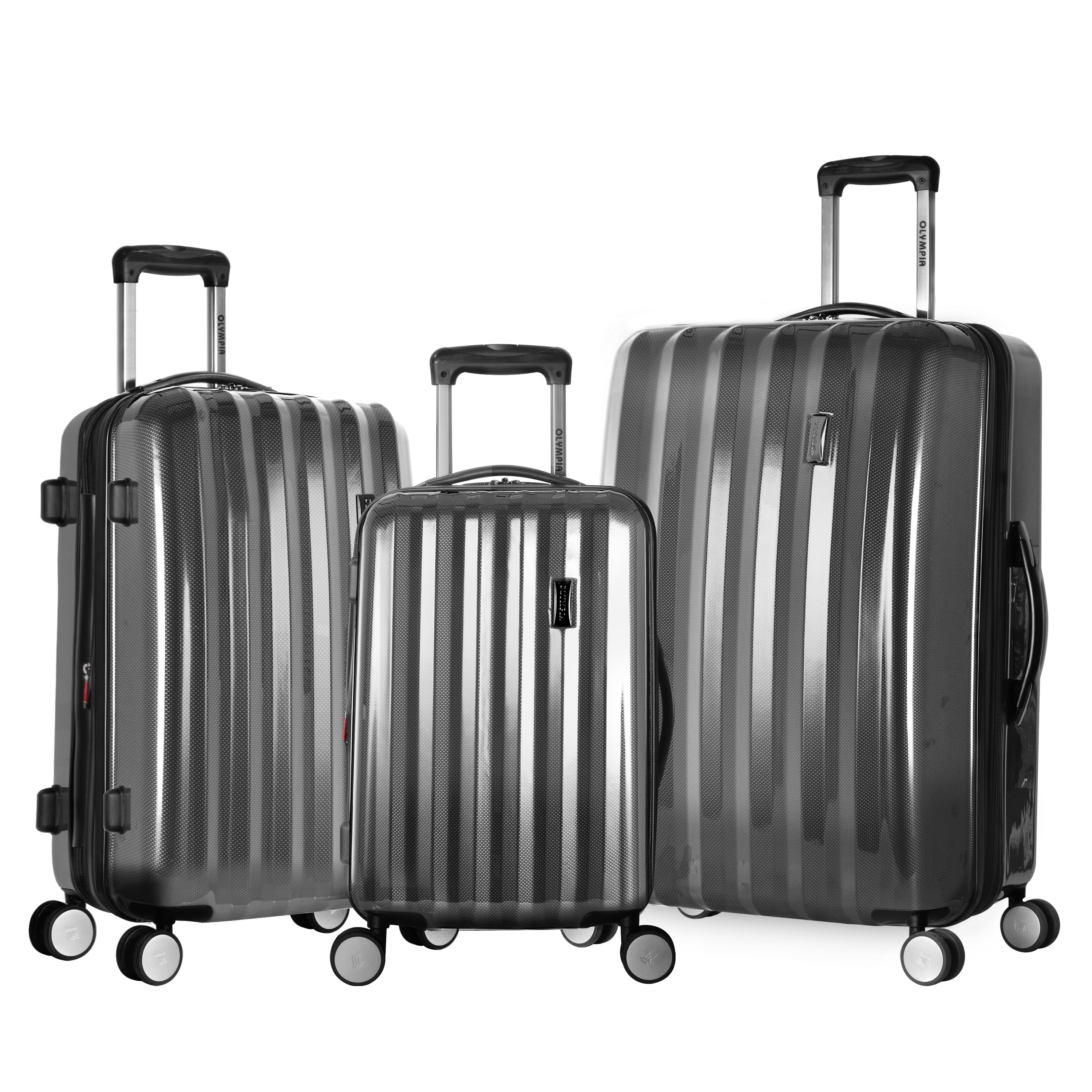 Olympia Titan 3 piece Hardside Spinner Luggage Set (BlackMaterial Durable polycarbonateFull internal divider with shoe pockets creates two separate compartments (on 25 inch and 29 inch piece) Weight 21 inch upright (6.4 pound), 25 inch upright (8.2 poun