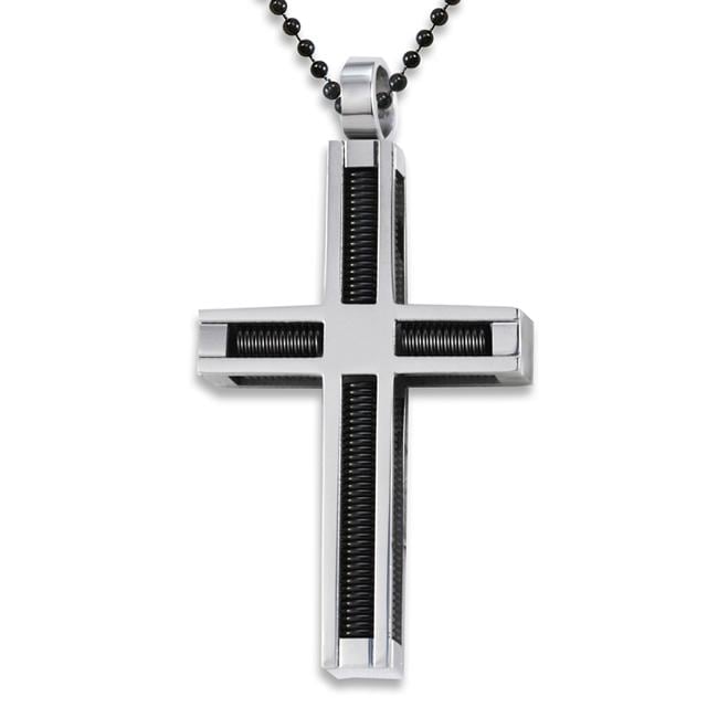 Stainless Steel Black Plated Coil Inlay Cross Necklace  